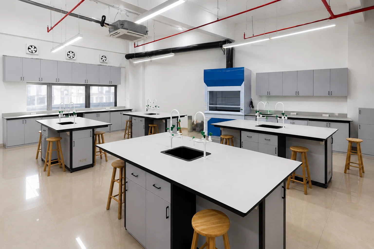 Modern laboratory interior with white benches, storage cabinets and technical workstations.