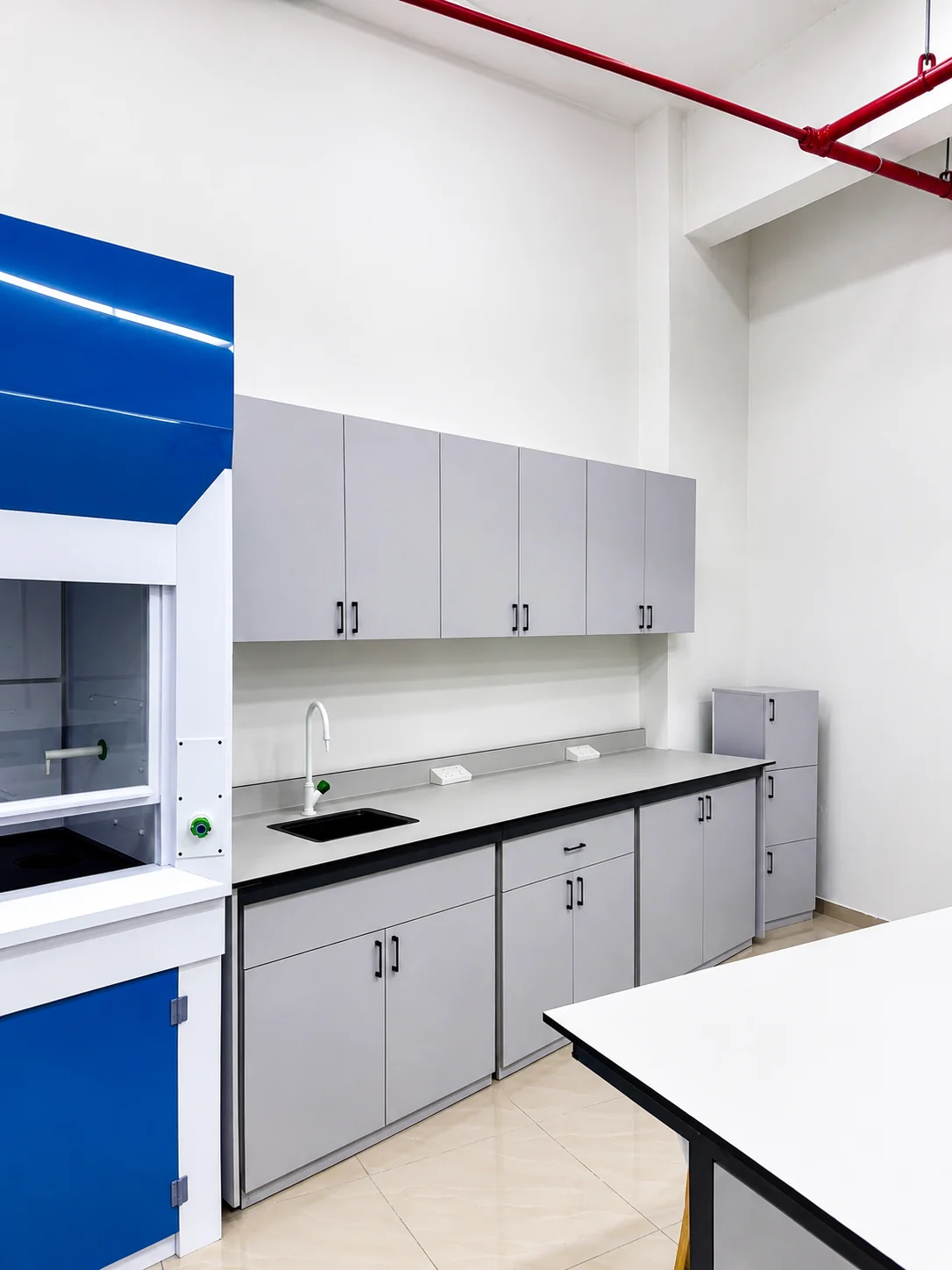 White laboratory cabinets and workstations in a clean laboratory environment.
