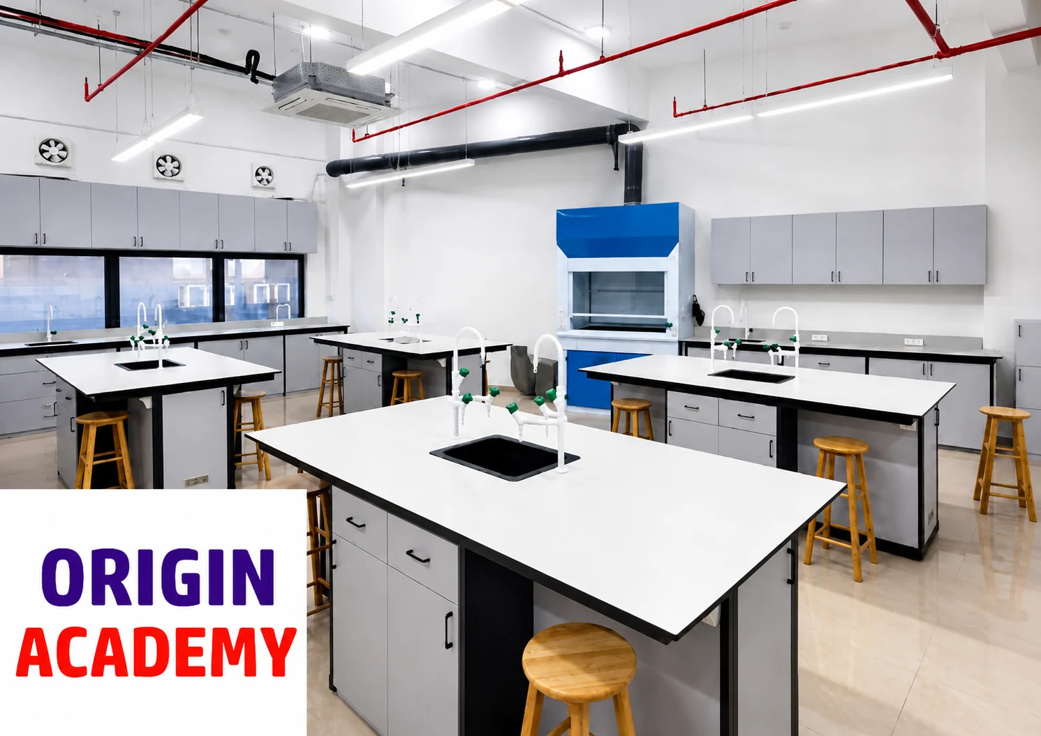 Origin Academy training laboratory with island benches and visible Origin Academy logo.