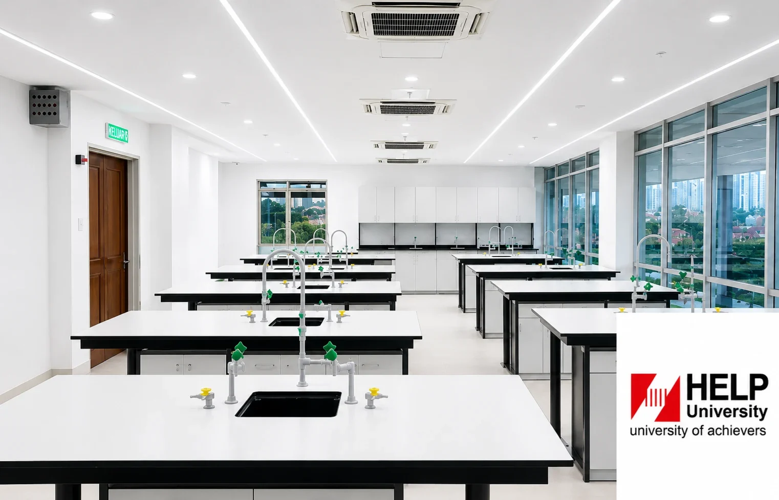 HELP University laboratory with custom workstations and visible HELP University logo.